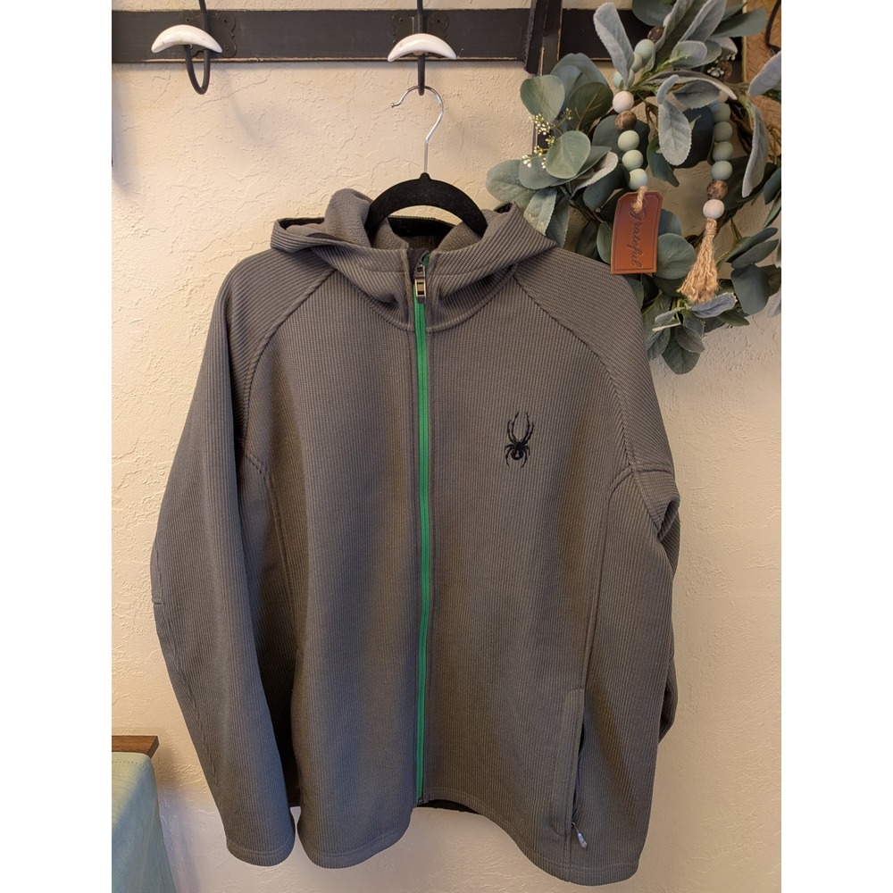 Spyder Mens Full Zip Hoodie Charcoal Grey Green Trim Waffle Knit Jacket XXL